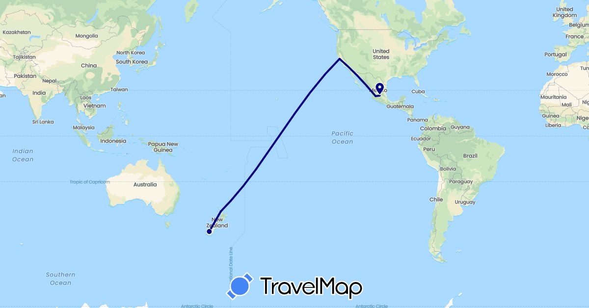 TravelMap itinerary: driving in Mexico, New Zealand, United States (North America, Oceania)